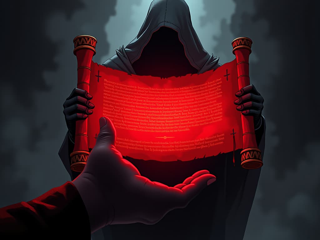  illuminated red scroll, text glowing, held by an outstretched hand, mood of lure and potential deceit. the style is digital art illustration / modern comic book / graphic dark novel fantasy and mysterious occult, symbolic, moody lighting, esoteric vibe,high detail on character design. for the color scheme emphasize blacks and reds.