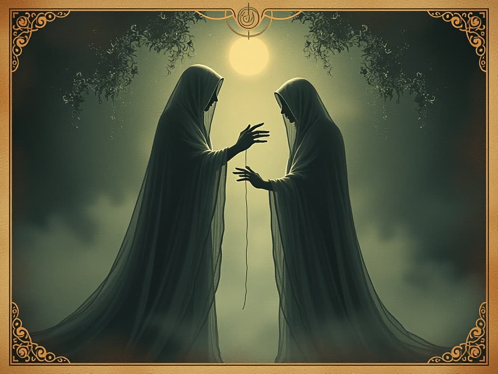  enigmatic figures, ethereal beings cloaked in celestial light, gracefully guiding, whispers of ancient wisdom, serene demeanor, watchful gaze, aura of empowerment, luminous. an illustration in the style of a worn, mystical old tarot trump card, mysterious and elements of surrealism. the colors are muted, somber and eerie, but with contrast bring out an occult and esoteric vibe.