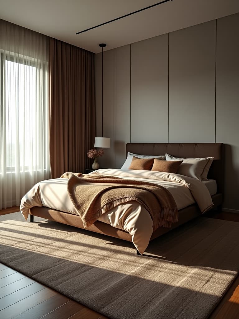  high quality portrait photo of a modern bedroom featuring a mix of textures, including a plush area rug, woven throw blanket, and sleek furniture hyperrealistic, full body, detailed clothing, highly detailed, cinematic lighting, stunningly beautiful, intricate, sharp focus, f/1. 8, 85mm, (centered image composition), (professionally color graded), ((bright soft diffused light)), volumetric fog, trending on instagram, trending on tumblr, HDR 4K, 8K