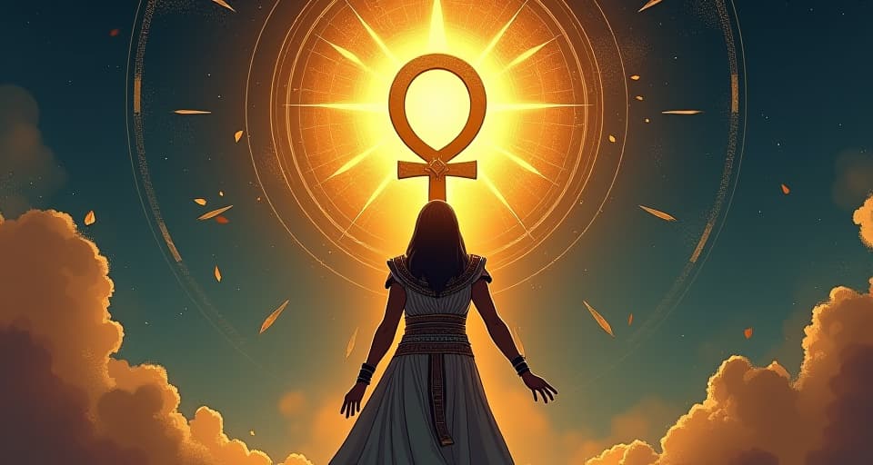  a majestic ankh symbol, floating in the air, encircled by radiant energy, symbolizing universal harmony. the style is digital art illustration / modern comic book / mysterious occult, symbolic, esoteric vibe,high detail on character design, incorporating ancient egyptian symbology and attire.