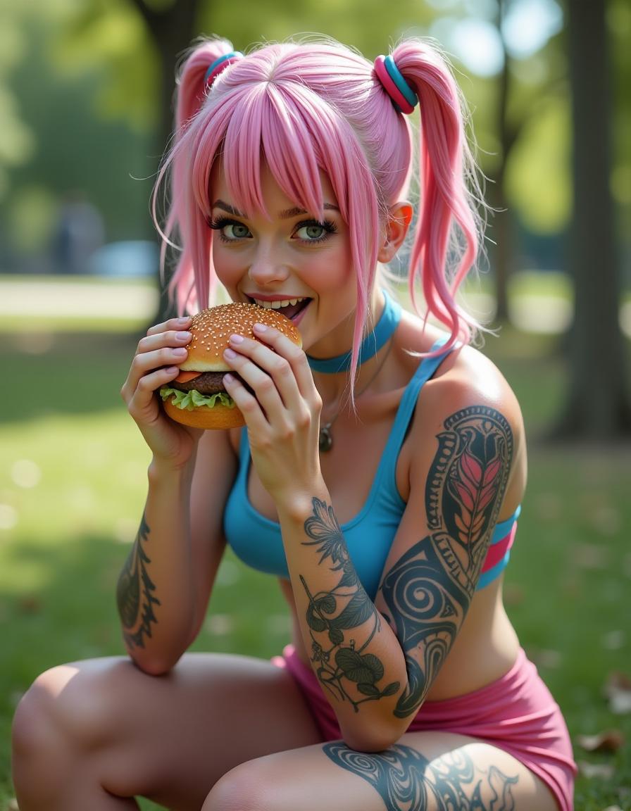  hyperrealistic art photo of an avatar, a sports girl of 30 years, with pink blue hair, colored ribbons in her hair, with tattoos on her arms and legs, in a tight fitting latex body, greedily eating a burger in the park, hiding, looking at the camera, full length, . extremely high resolution details, photographic, realism pushed to extreme, fine texture, incredibly lifelike