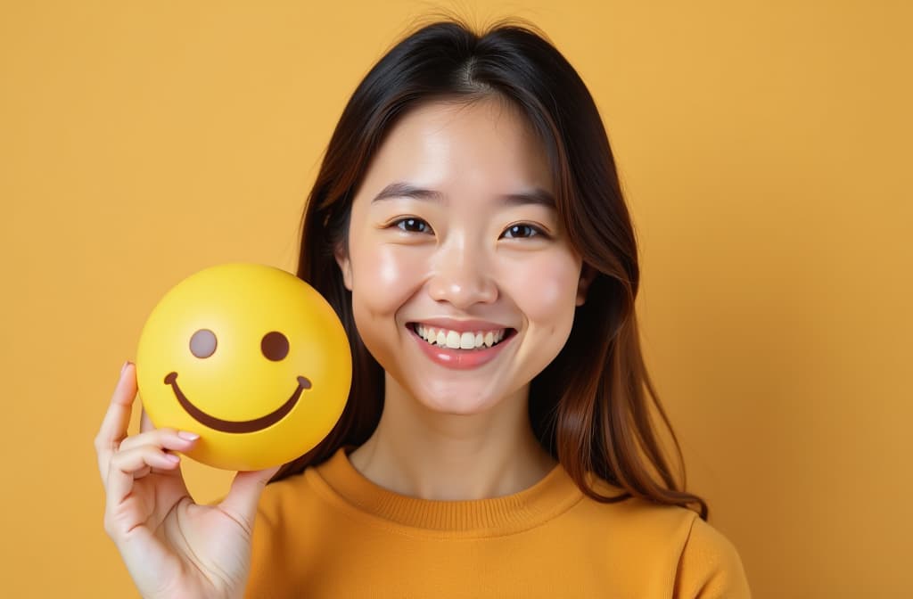  happy young asian woman holding smile emoji face, positive mental health, world mental health day concept ar 3:2 {prompt}, maximum details