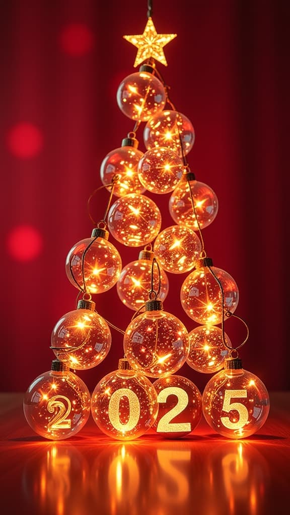  garland of many glass transparent balls, inside the balls neon gold glowing lights, shape of christmas tree without tree, in the center in the balls the numbers "2025" festive blurred red background {prompt}, maximum details