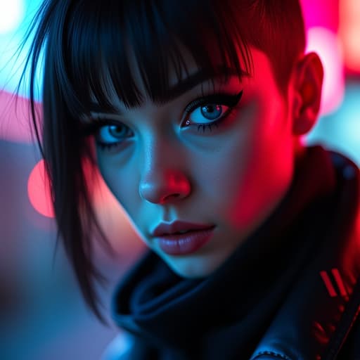  ultra realistic close up portrait ((beautiful pale cyberpunk female with heavy black eyeliner)), blue eyes, shaved side haircut, hyper detail, cinematic lighting, magic neon, dark red city, canon eos r3, nikon, f/1.4, iso 200, 1/160s, 8k, raw, unedited, symmetrical balance, in frame, 8k hyperrealistic, full body, detailed clothing, highly detailed, cinematic lighting, stunningly beautiful, intricate, sharp focus, f/1. 8, 85mm, (centered image composition), (professionally color graded), ((bright soft diffused light)), volumetric fog, trending on instagram, trending on tumblr, HDR 4K, 8K