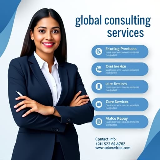  create a professional consulting services graphic with the following elements: layout: split into two sections: left side with a businesswoman holding a pen and right side listing services. headline: 'global consulting services' in large, bold, dark blue montserrat bold font. core services: list 5 services with icons in a vertical arrangement on the right. use a blue color scheme with white boxes and light shadows. contact info: at the bottom right, include a phone number and website with matching icons. color palette: dark blue (#2c3e50), light blue (#5dade2), white (#ffffff). background: light gray or soft white with subtle curved blue accents in the corners, a formal, female, indian, adult, marketer profession, studio photography, natur hyperrealistic, full body, detailed clothing, highly detailed, cinematic lighting, stunningly beautiful, intricate, sharp focus, f/1. 8, 85mm, (centered image composition), (professionally color graded), ((bright soft diffused light)), volumetric fog, trending on instagram, trending on tumblr, HDR 4K, 8K