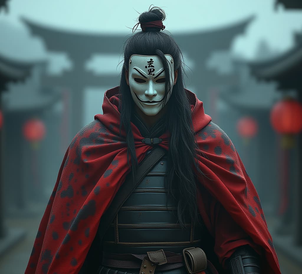  a weathered warrior stands in muted light, donning a tattered red cloak splattered with grime and darker reds, over a black battle worn suit of armor, a white mask with black asian calligraphy obscures the face, under a messy long hair with a tied top knot, all set against a blurry backdrop of gray structures and faint orange accents suggestive of lanterns, <lora:mj52:0.4>, <lora:mj52 v2.0:1>, <lora:cinematicstyle v1:1>, <lora:zavy cntrst sdxl:0.6>