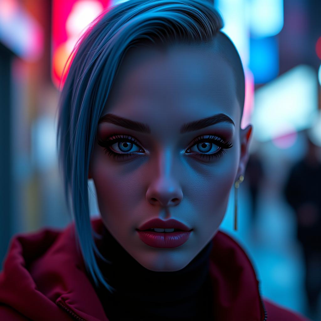  ultra realistic close up portrait ((beautiful pale cyberpunk female with heavy black eyeliner)), blue eyes, shaved side haircut, hyper detail, cinematic lighting, magic neon, dark red city, canon eos r3, nikon, f/1.4, iso 200, 1/160s, 8k, raw, unedited, symmetrical balance, in frame, 8k hyperrealistic, full body, detailed clothing, highly detailed, cinematic lighting, stunningly beautiful, intricate, sharp focus, f/1. 8, 85mm, (centered image composition), (professionally color graded), ((bright soft diffused light)), volumetric fog, trending on instagram, trending on tumblr, HDR 4K, 8K