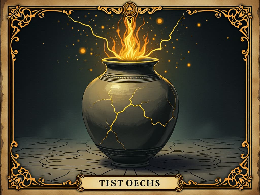  a vessel with golden cracks symbolizing resilience, ethereal glow surrounding the pottery, focus on transformation and endurance, radiant, ethereal, transformative. an illustration in the style of a worn, mystical old tarot trump card, mysterious and elements of surrealism. the colors are muted, somber and eerie, but with contrast bring out an occult and esoteric vibe.