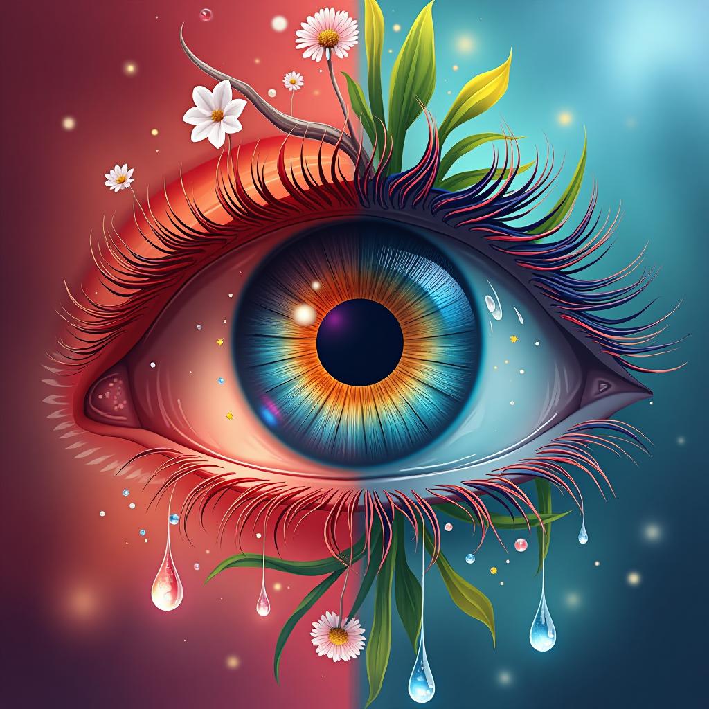  surreal digital painting of an eye transforming from bloodshot to clear, with healing elements like water droplets and soothing plants, in bright, eye catching colors