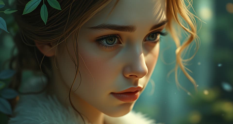  a close up of a contemplative, radiant being with a sorrowful gaze, standing amidst a shimmering forest. tiny droplets of light seem to fall around them, symbolizing the constant replay of regretful moments.. the style is digital art illustration,highly detailed, whimsical,magical, dreamlike atmosphere, realism and fantasy blend, smooth, glossy textures,luminous quality, wonder and enchantment.