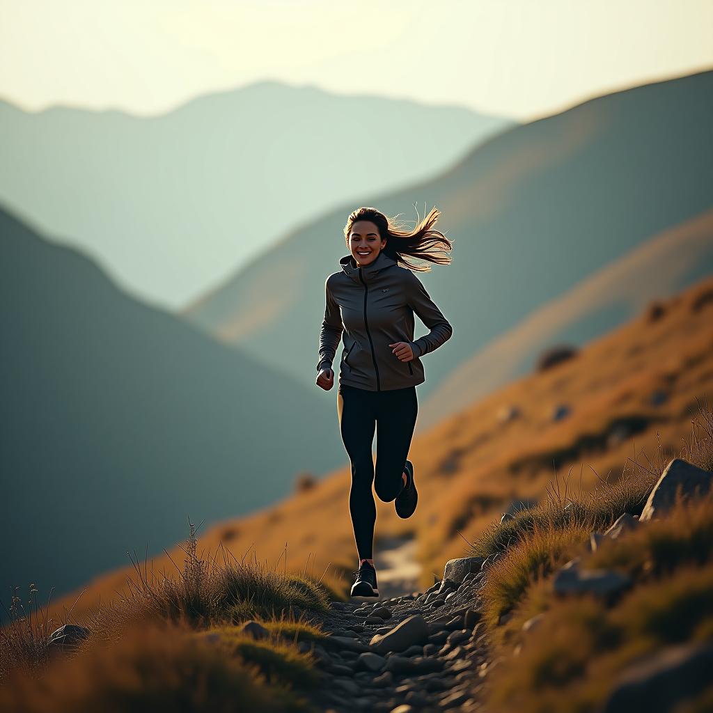  the woman running in the mountain hyperrealistic, full body, detailed clothing, highly detailed, cinematic lighting, stunningly beautiful, intricate, sharp focus, f/1. 8, 85mm, (centered image composition), (professionally color graded), ((bright soft diffused light)), volumetric fog, trending on instagram, trending on tumblr, HDR 4K, 8K