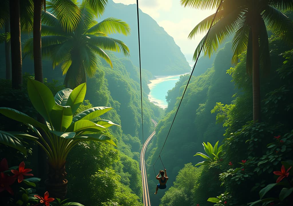  a lush green rainforest canopy with vibrant tropical flowers, featuring a person ziplining between tall trees. in the background, a colorful bobsled track winds through the forest, with the caribbean sea visible in the distance. sunlight filters through the leaves, creating a magical, dappled effect., in the style of disney hyperrealistic, full body, detailed clothing, highly detailed, cinematic lighting, stunningly beautiful, intricate, sharp focus, f/1. 8, 85mm, (centered image composition), (professionally color graded), ((bright soft diffused light)), volumetric fog, trending on instagram, trending on tumblr, HDR 4K, 8K