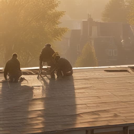 A photo of a team of roofing contractors inspecting a rooftop in a suburban neighborhood during a hazy late afternoon with soft golden light casting long shadows across the shingles.