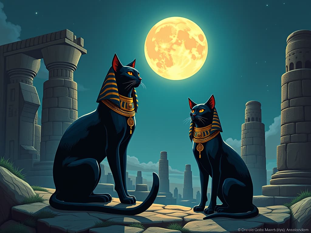  sacred cats, basking under the full moon, surrounded by ancient ruins, mysterious and protective. the style is digital art illustration / modern comic book / mysterious occult, symbolic, esoteric vibe,high detail on character design, incorporating ancient egyptian symbology and attire.