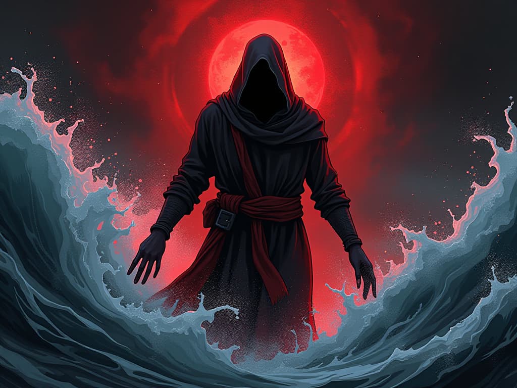  purifying waves washing over a figure in red, clearing away dark energy, mood of thorough cleansing. the style is digital art illustration / modern comic book / graphic dark novel fantasy and mysterious occult, symbolic, moody lighting, esoteric vibe,high detail on character design. for the color scheme emphasize blacks and reds.