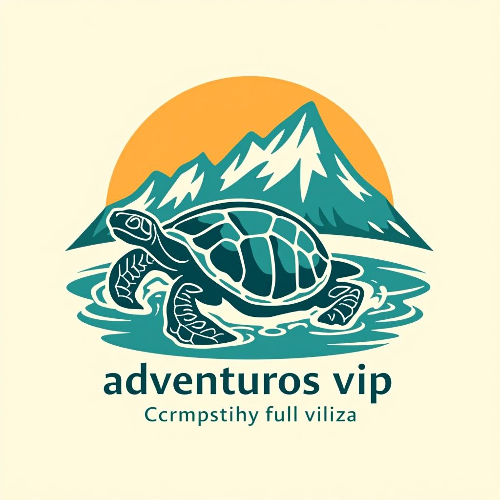  design a logo, haz un logo para viajes y full days que predomine una tortuga feliz, mar, montaña y sol, que tengan los colores turquesa, blanco , with the text 'aventureros vip'.