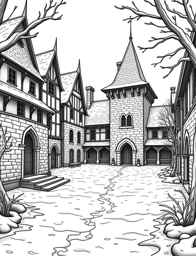  this is for an adult coloring page. a detailed black and white line art of a snowy snow covered courtyard in a medieval town on a solid white background.