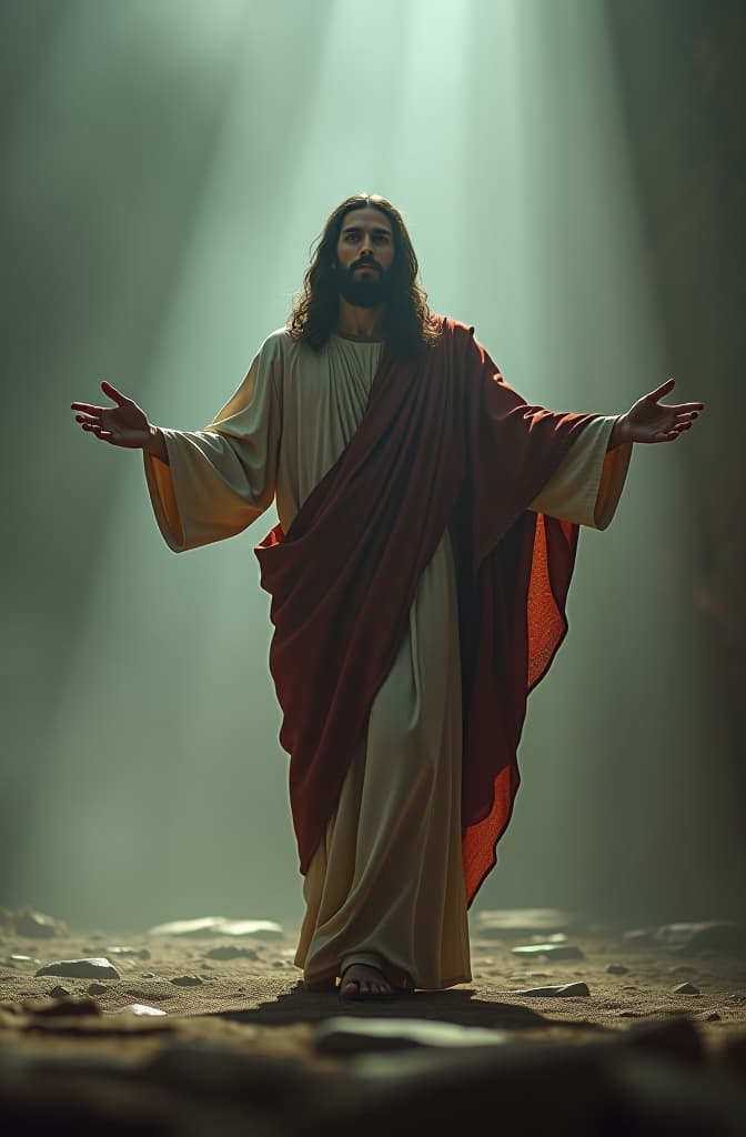  dibuja a jesus hyperrealistic, full body, detailed clothing, highly detailed, cinematic lighting, stunningly beautiful, intricate, sharp focus, f/1. 8, 85mm, (centered image composition), (professionally color graded), ((bright soft diffused light)), volumetric fog, trending on instagram, trending on tumblr, HDR 4K, 8K