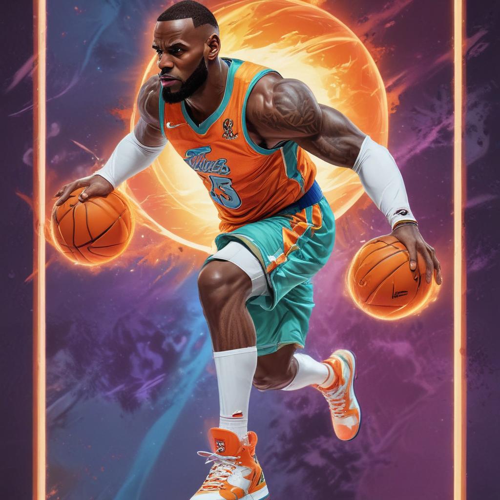 distance-shot, flashy, full-body, dynamic, holographic, animated cartoon poster of lebron james in the style of dragon ball super