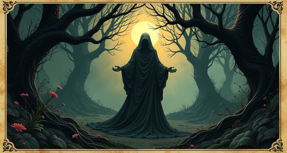  dark parasitic vines wrapping around a central glowing figure, sense of invasion and theft, shadowy surrounding with stark contrasts. an illustration in the style of a worn, mystical old tarot trump card, mysterious and elements of surrealism. the colors are muted, somber and eerie, but with contrast bring out an occult and esoteric vibe.