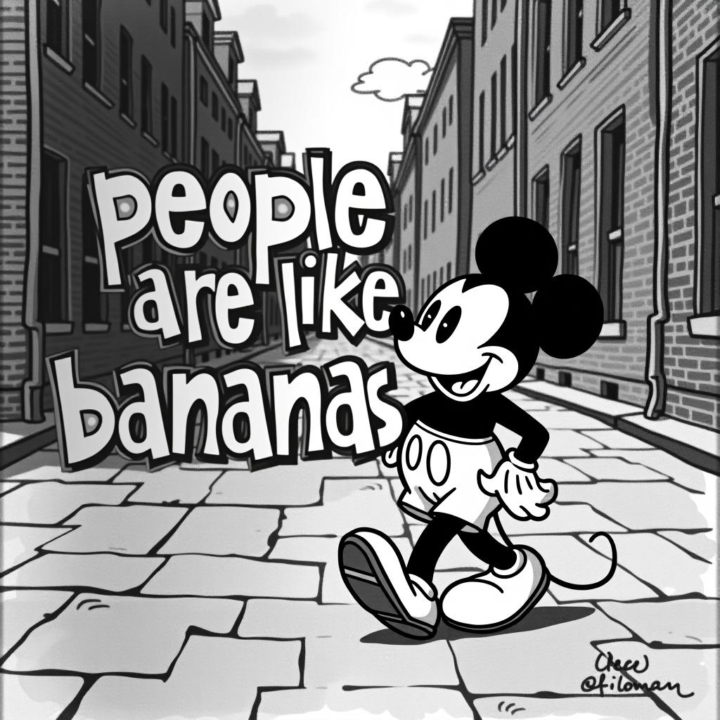  the image is a black and white, vintage style illustration that appears to be a reference to old animation, specifically in the style of early 20th century cartoons. the character in the image strongly resembles a famous animated mouse mickey mouse, depicted walking happily down a street lined with brick buildings. overlaid on the image is a bold, white text with a black outline that reads: "people are like bananas the bad ones are brown"