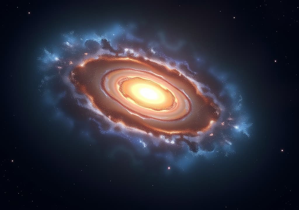  a spiral galaxy with a bright core surrounded by swirling dust and gas, set against a dark and starry backdrop.