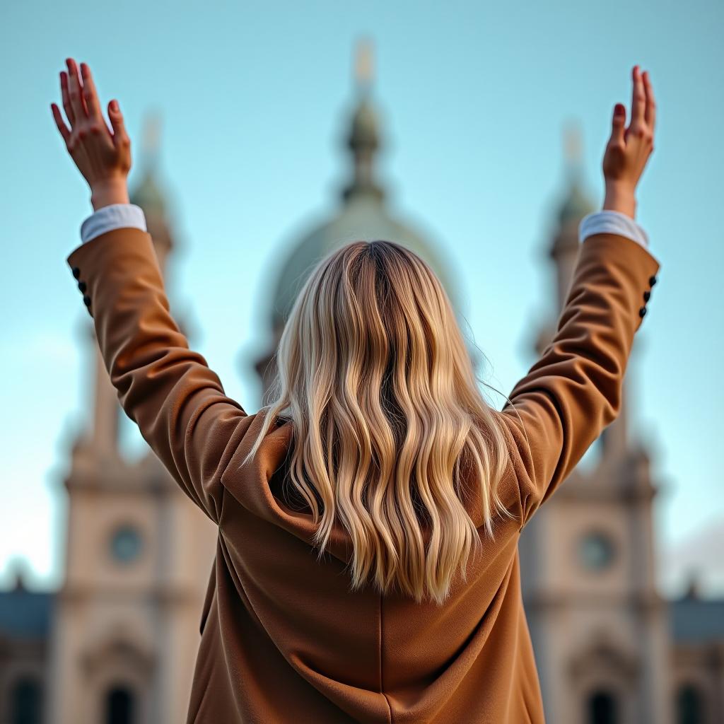  a blonde girl in a brown coat raised her arms, standing with her back to the camera, against a background of blue sky and perfect architecture.