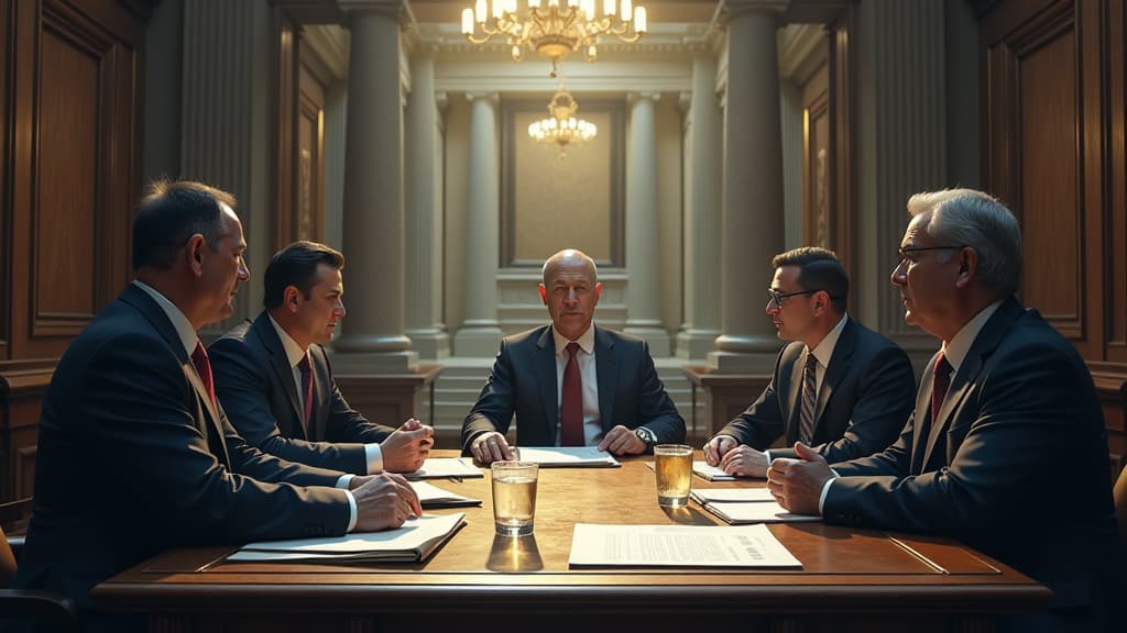  prompt: create an ultra detailed, hyper realistic image capturing the complexities of insolvency and restructuring processes. the scene should feature a central figure representing an administrator, surrounded by advisors and directors, each meticulously detailed and positioned to convey their roles and responsibilities clearly. the setting should exude a sense of gravity and importance, emphasizing the weight of liability in this intricate legal landscape. incorporate elements symbolizing lega