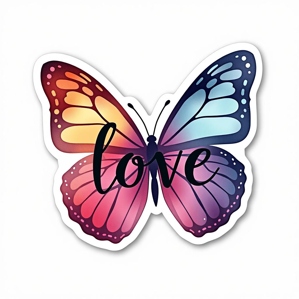  logo, custom sticker design on an isolated white background decorated by watercolor butterfly, with the text ‘love’