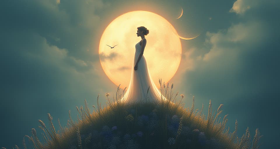  an ethereal figure standing tall on a mystical peak, surrounded by luminous flora, exuding confidence, illuminated in soft, divine light.. the style is digital art illustration,highly detailed, whimsical,magical, dreamlike atmosphere, realism and fantasy blend, smooth, glossy textures,luminous quality, wonder and enchantment.