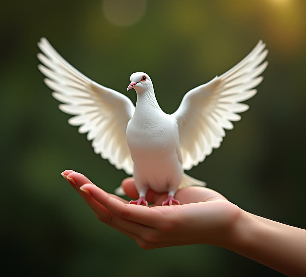  white dove of peace in hand.