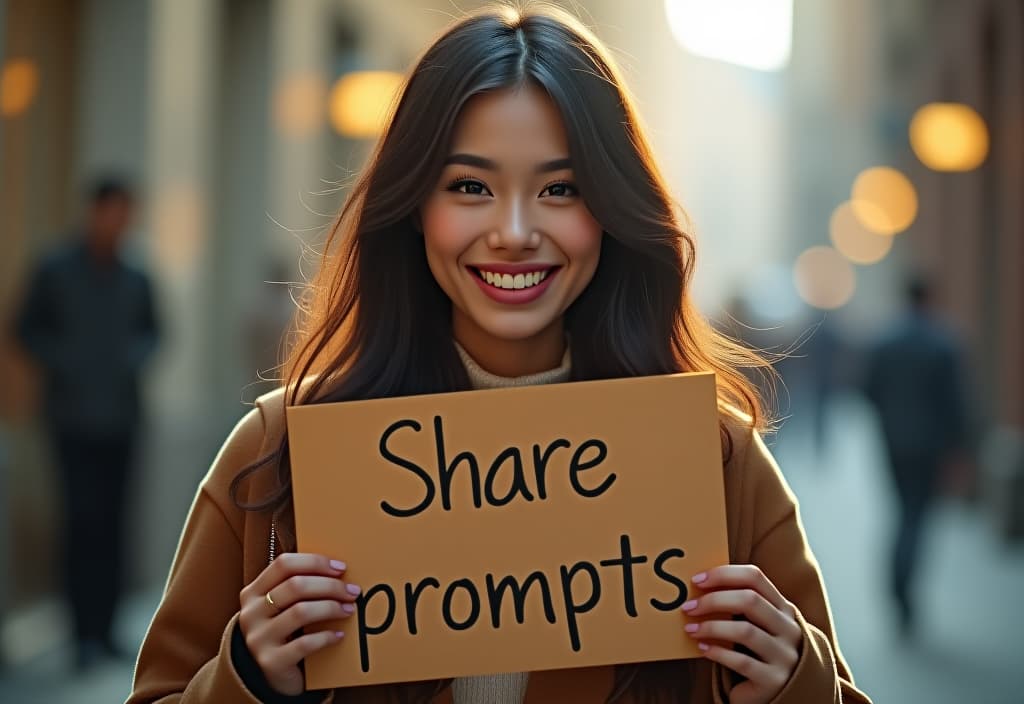  a woman smiling, while holding a sign that says , share prompts, detailed , realistic , 8k hyperrealistic, full body, detailed clothing, highly detailed, cinematic lighting, stunningly beautiful, intricate, sharp focus, f/1. 8, 85mm, (centered image composition), (professionally color graded), ((bright soft diffused light)), volumetric fog, trending on instagram, trending on tumblr, HDR 4K, 8K