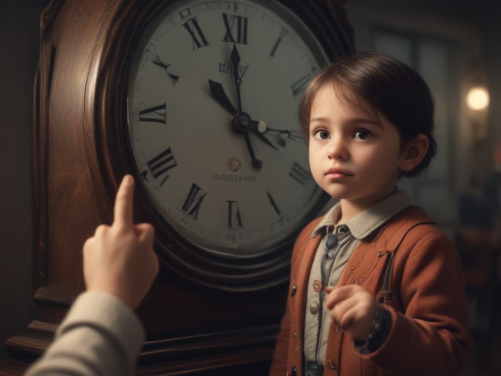 ultra realistic ((ultra realistic ((a child pointing to a clock and saying 'when will it be lunchtime?')))) hyperrealistic, full body, detailed clothing, highly detailed, cinematic lighting, stunningly beautiful, intricate, sharp focus, f/1. 8, 85mm, (centered image composition), (professionally color graded), ((bright soft diffused light)), volumetric fog, trending on instagram, trending on tumblr, HDR 4K, 8K