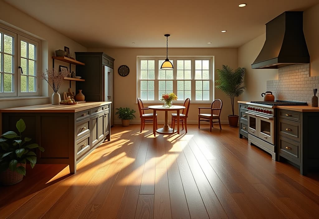  a landscape photo of a warm, inviting kitchen with fsc certified hardwood flooring in rich, chocolate tones. the floor's natural grain patterns add depth and character to the space hyperrealistic, full body, detailed clothing, highly detailed, cinematic lighting, stunningly beautiful, intricate, sharp focus, f/1. 8, 85mm, (centered image composition), (professionally color graded), ((bright soft diffused light)), volumetric fog, trending on instagram, trending on tumblr, HDR 4K, 8K