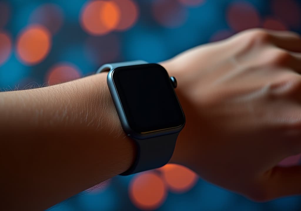  apple watch series 7 on wrist with blue and orange bokeh background