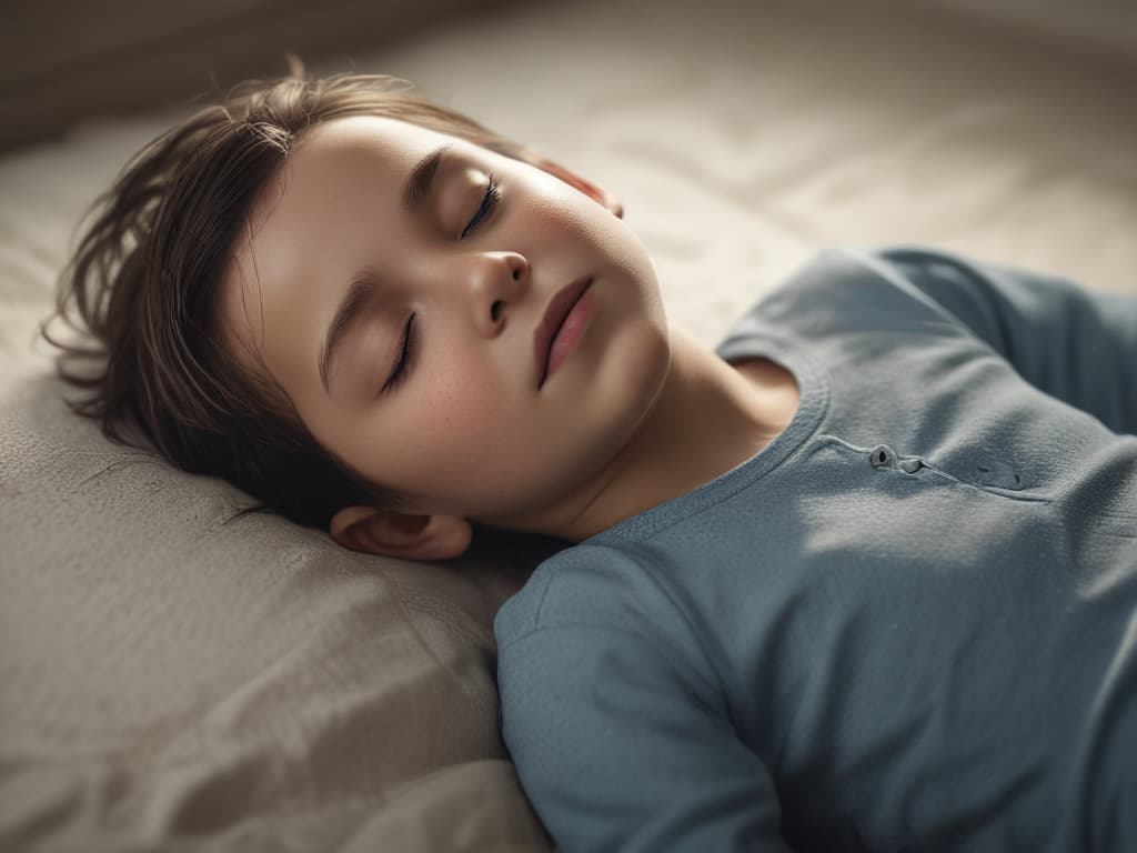 ultra realistic ((ultra realistic ((a child laying down with closed eyes and relaxing)))) hyperrealistic, full body, detailed clothing, highly detailed, cinematic lighting, stunningly beautiful, intricate, sharp focus, f/1. 8, 85mm, (centered image composition), (professionally color graded), ((bright soft diffused light)), volumetric fog, trending on instagram, trending on tumblr, HDR 4K, 8K