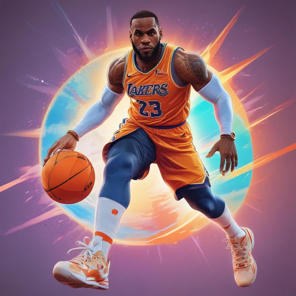 distance-shot, flashy, full-body, dynamic, holographic, animated cartoon poster of lebron james in the style of dragon ball super