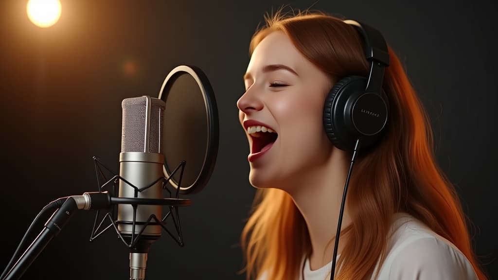  young woman in recording studio. she sings passionately into a professional microphone, wearing headphones. the photo is perfect for music related content. it represents creativity and emotion.