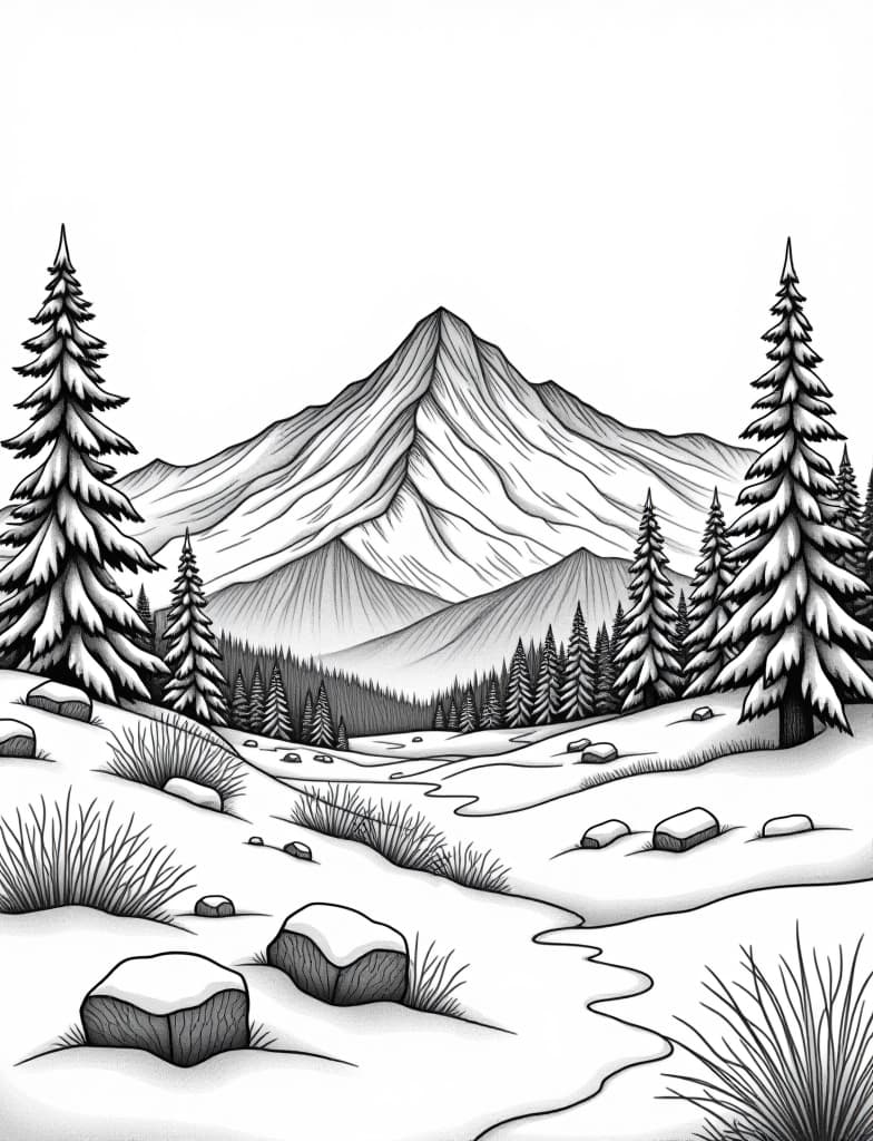  this is for an adult coloring page. a detailed black and white line art of a snowy snowy landscape with a distant view of a mountain range on a solid white background.