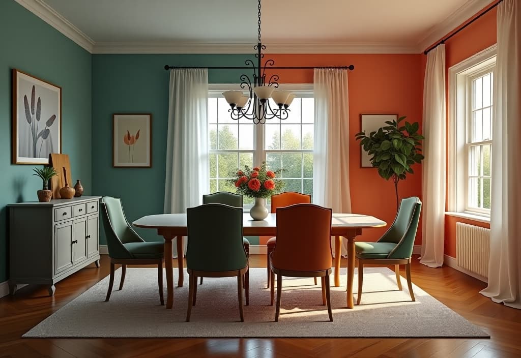  a landscape photo of a split screen image showing a dining room before and after paint color change, with furniture remaining the same but the atmosphere completely transformed hyperrealistic, full body, detailed clothing, highly detailed, cinematic lighting, stunningly beautiful, intricate, sharp focus, f/1. 8, 85mm, (centered image composition), (professionally color graded), ((bright soft diffused light)), volumetric fog, trending on instagram, trending on tumblr, HDR 4K, 8K