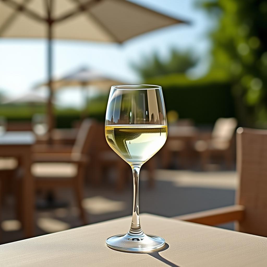  a glass of white wine against the backdrop of a summer terrace.