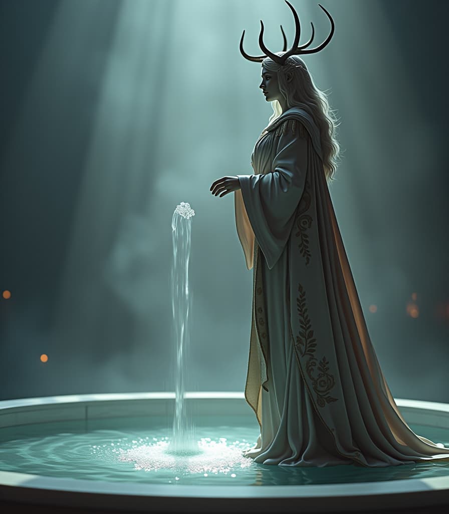  the fountain from the marble of the great goddess of the arthemida accelerator on the deer, the reindeer is on the baits. hyperrealistic, full body, detailed clothing, highly detailed, cinematic lighting, stunningly beautiful, intricate, sharp focus, f/1. 8, 85mm, (centered image composition), (professionally color graded), ((bright soft diffused light)), volumetric fog, trending on instagram, trending on tumblr, HDR 4K, 8K