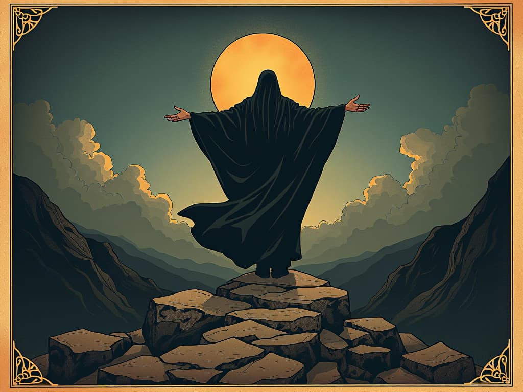  sufi mystic standing on rocky terrain, arms open, twilight skies, spiritual alchemy, transformation, introspection. an illustration in the style of a worn, mystical old tarot trump card, mysterious and elements of surrealism. the colors are muted, somber and eerie, but with contrast bring out an occult and esoteric vibe.