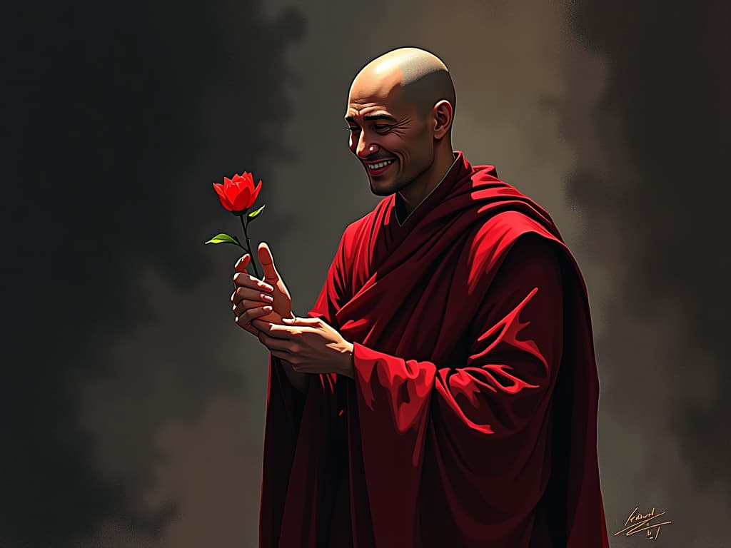  monk in red robes offering a flower, gentle smile, deliberate and kind gesture. the style is digital art illustration / modern comic book / graphic dark novel fantasy and mysterious occult, symbolic, moody lighting, esoteric vibe,high detail on character design. for the color scheme emphasize blacks and reds.