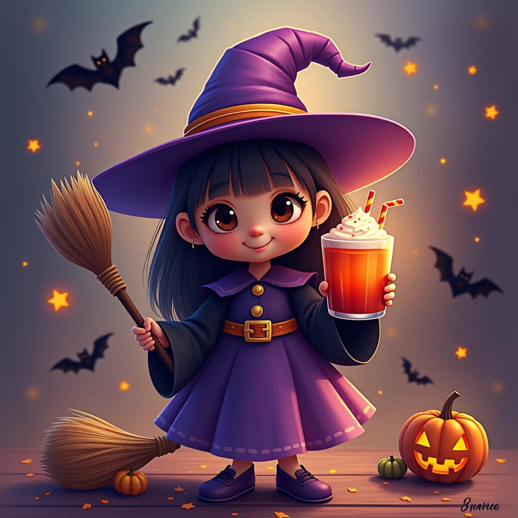  create a digital painting featuring a cute witch character. the witch should be wearing a hat. in one hand, the witch should hold a broomstick, and in the other hand, a halloween themed drink. the background should be colorful and include small black bats, pumpkins and stars to add a playful halloween touch. the overall style should be cute, whimsical, and colorful hyperrealistic, full body, detailed clothing, highly detailed, cinematic lighting, stunningly beautiful, intricate, sharp focus, f/1. 8, 85mm, (centered image composition), (professionally color graded), ((bright soft diffused light)), volumetric fog, trending on instagram, trending on tumblr, HDR 4K, 8K