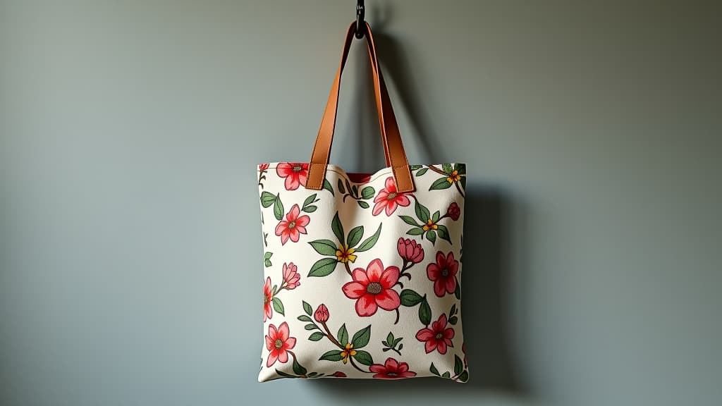  tote bag hanging on wall showing floral pattern design