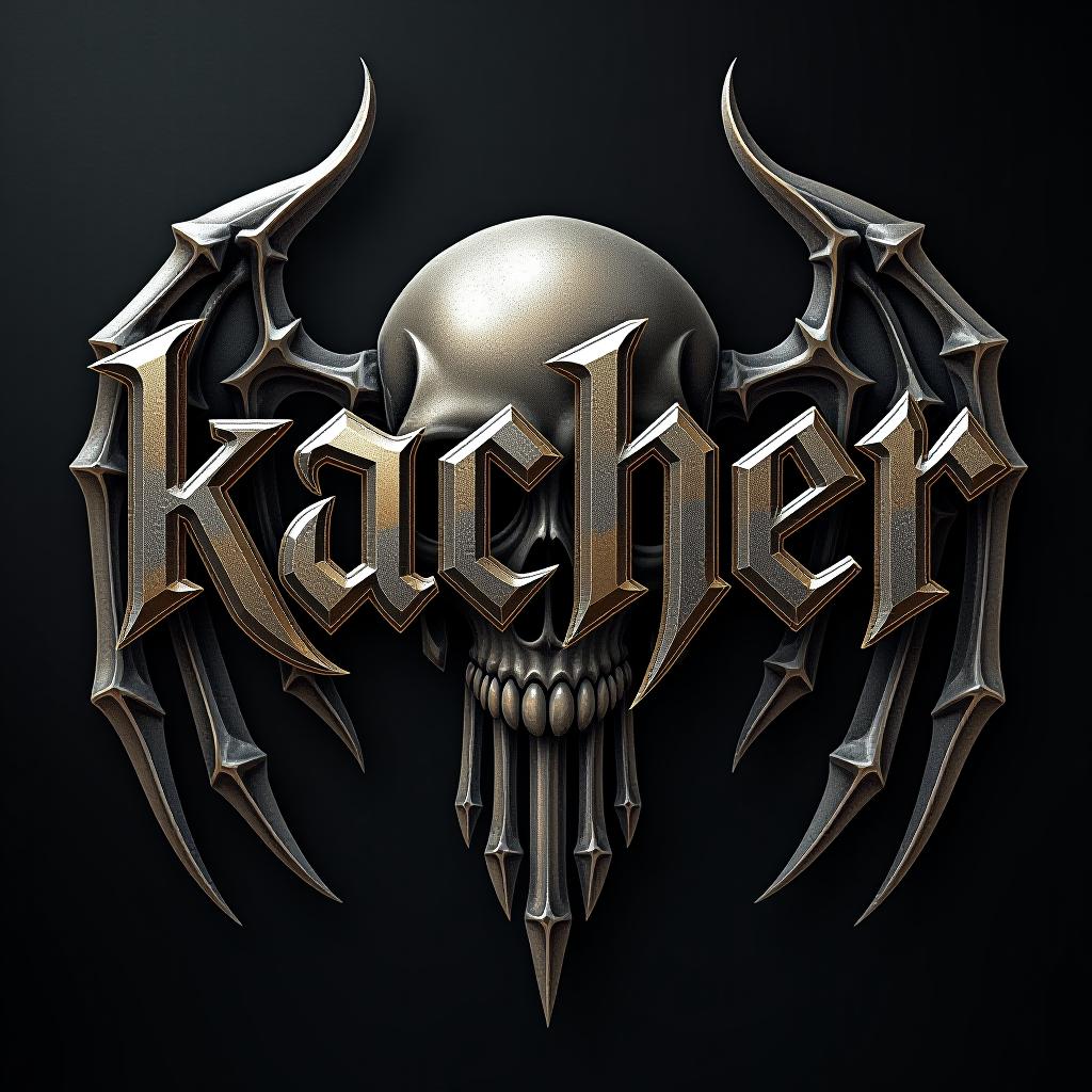  text "kacher", rock band typography, dark, metallic, evil style, skull, black tshirt backgroundhyper detail, intricate details, sharp focus, high resolution, 8k, ultra detailed, vib