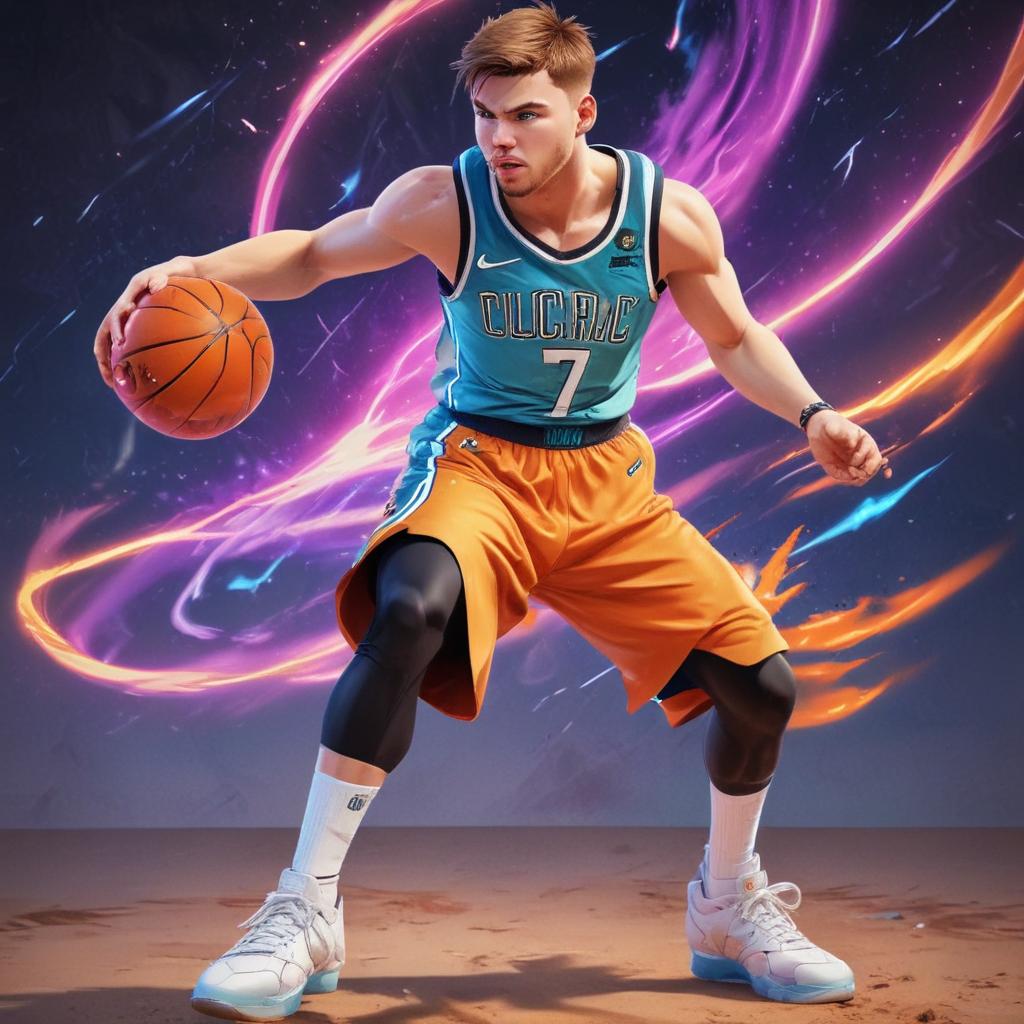 distance-shot, flashy, full-body, dynamic, holographic, animated cartoon poster of luka doncic in the style of dragon ball super