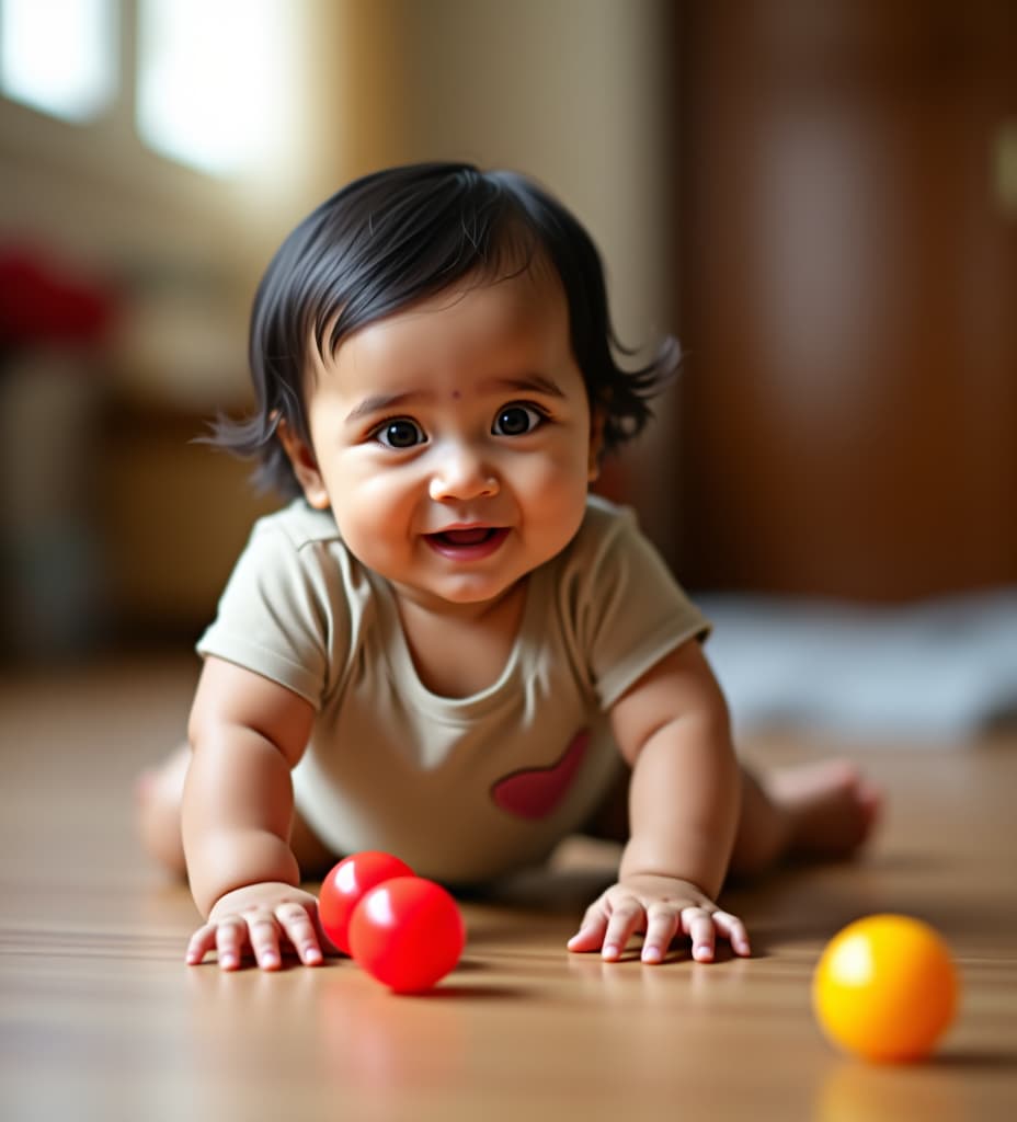  an indian baby is happily playing on the floor, engaging with toys and exploring their surroundings.