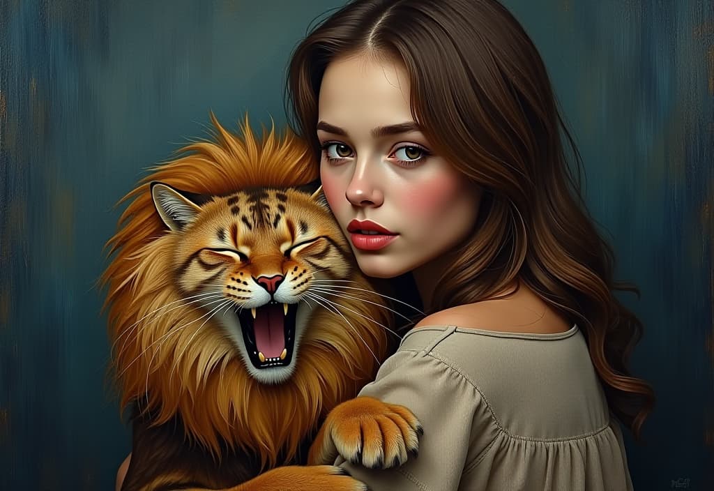  expressionism painting of young tall slim brunette woman holding sad and sleepy dark brown siberian cat yawning, cat is dressed in lion costume, van gogh style